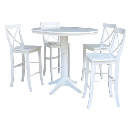 International Concepts Round 36 in Rd Extension Dining Table 40.9 inH, 4 X-Back Bar Height Stools, White, 36 in W, 48 in L K08-36RXT-27B-6133-4